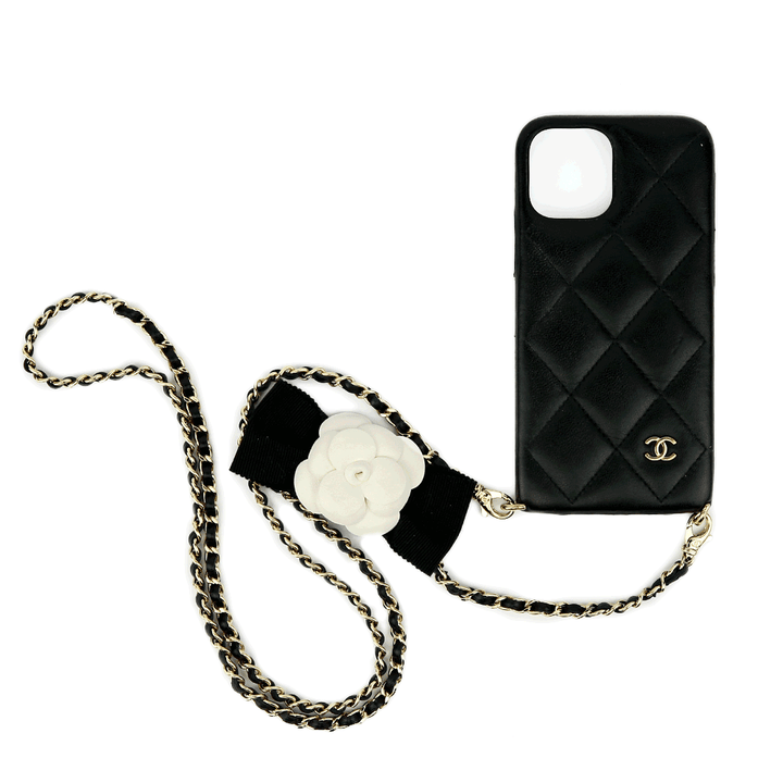 Chanel Black Quilted Lambskin Leather iPhone Holder With Chain