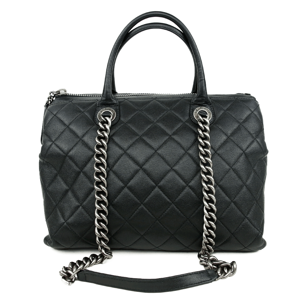 front view of Chanel Boy Chained Medium Black Quilted Tote Bag