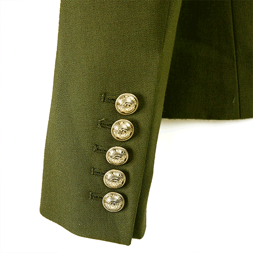 Cuff view of Balmain Olive Wool Double Breasted Jacket