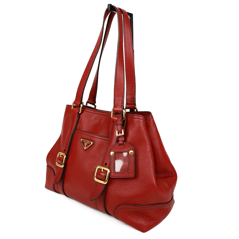 side view of Prada Red Pebbled Leather Tote Bag