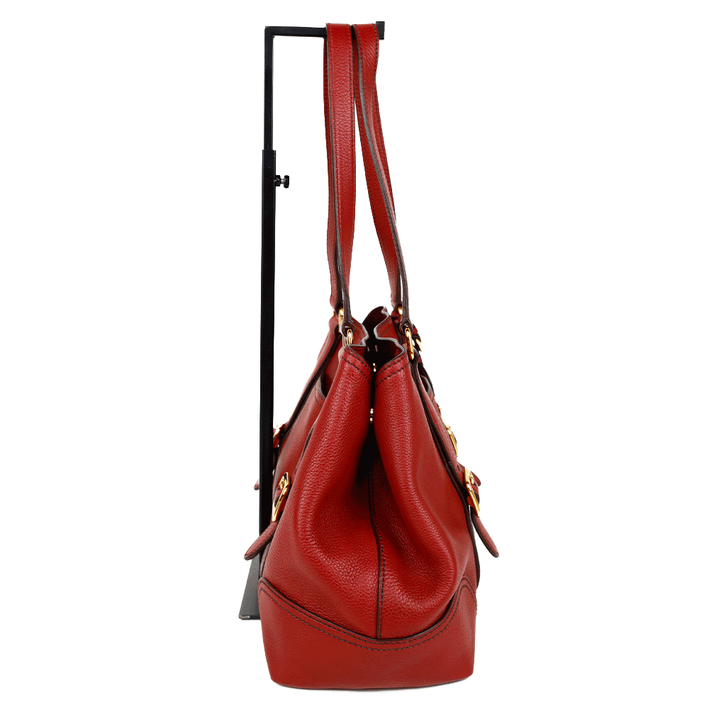 side view of Prada Red Pebbled Leather Tote Bag