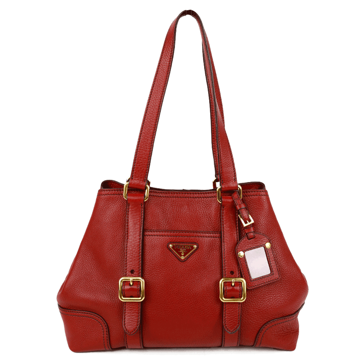 front view of Prada Red Pebbled Leather Tote Bag