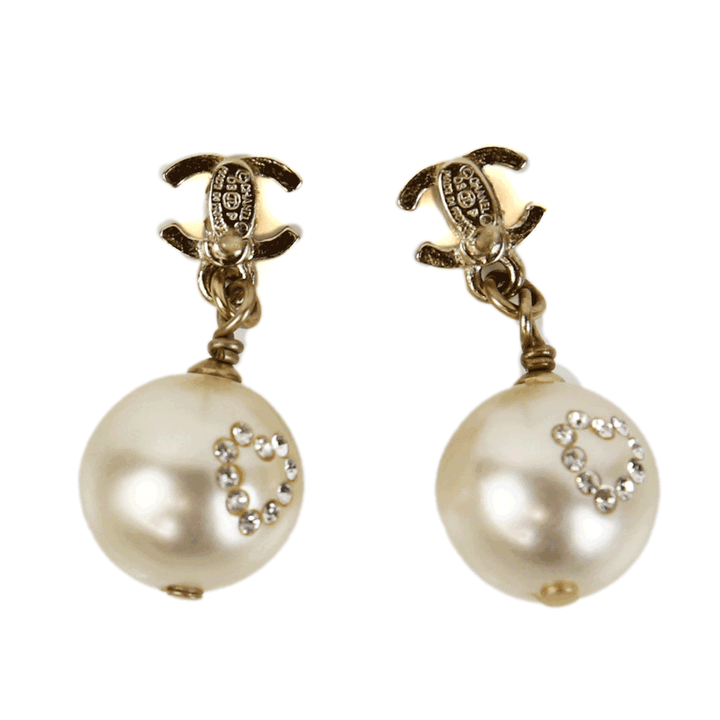 Chanel Crystal Heart Pearl CC Drop Earrings