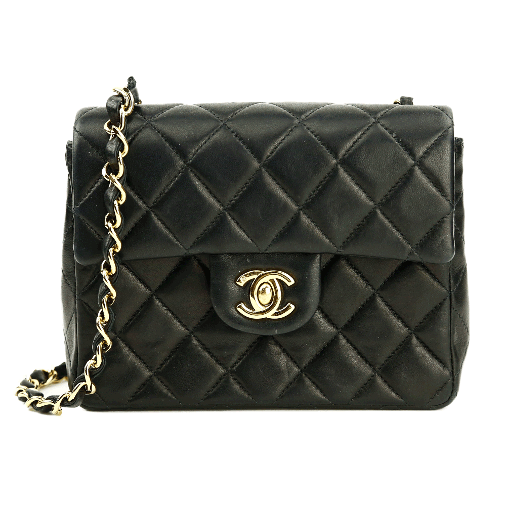 Front view of Chanel Black Lambskin Classic Square Mini Flap Bag (2000)