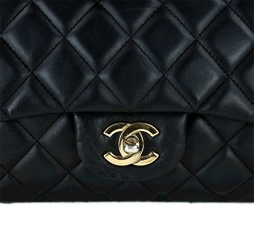 CC lock view of Chanel Black Lambskin Single Flap Maxi Handbag