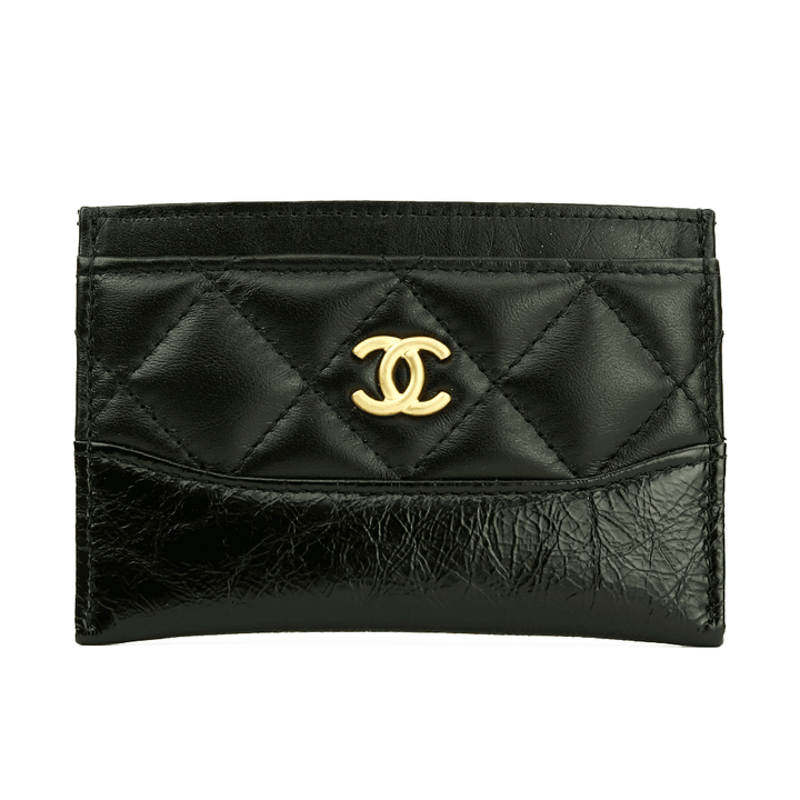 Front view of Chanel Gabrielle Quilted Black Lambskin & Calf Leather Card Case