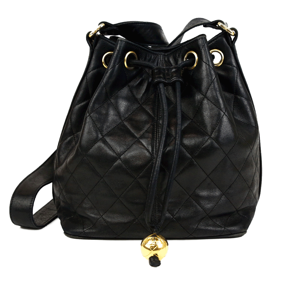 front view of Chanel Vintage Quilted Leather Drawstring Bucket Bag