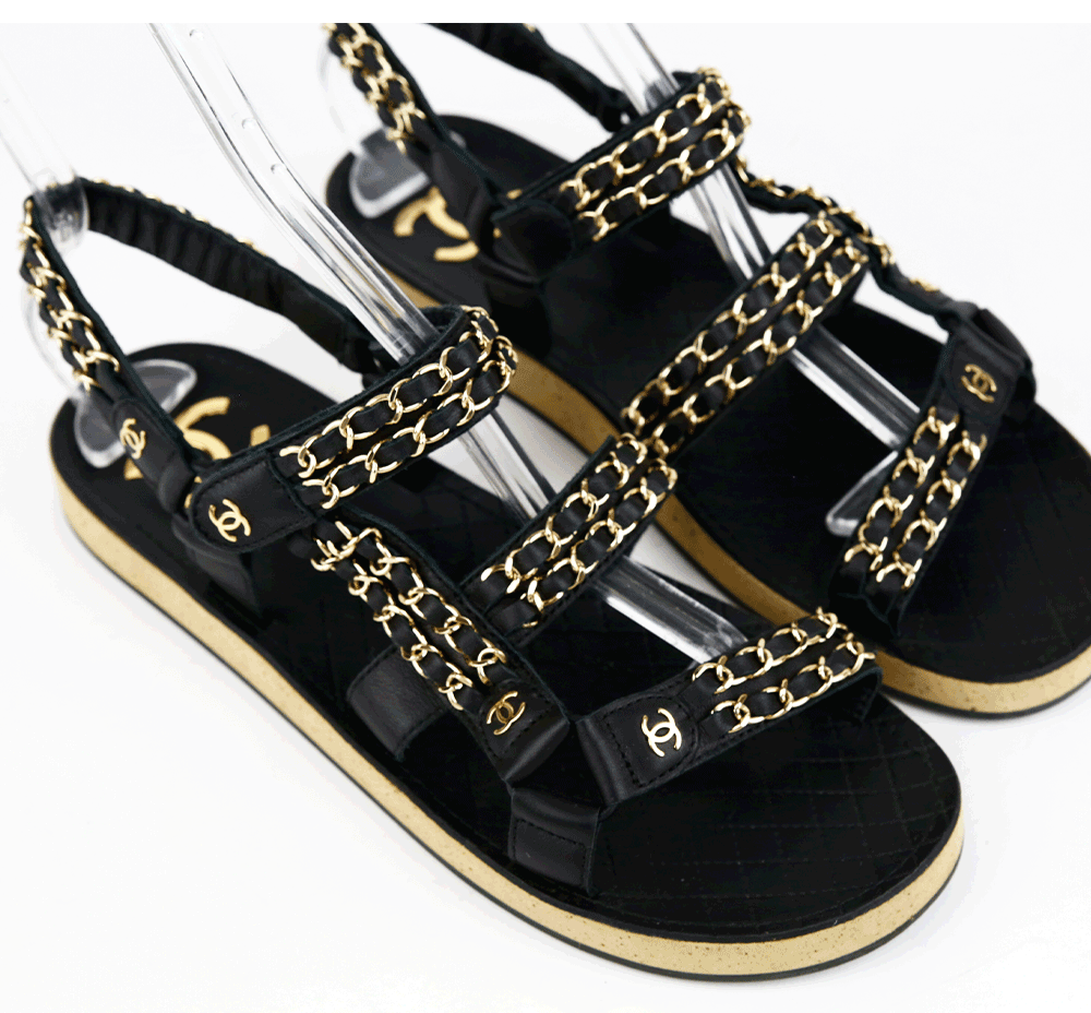 Chanel Black Leather & Chain Flat Dad Sandals