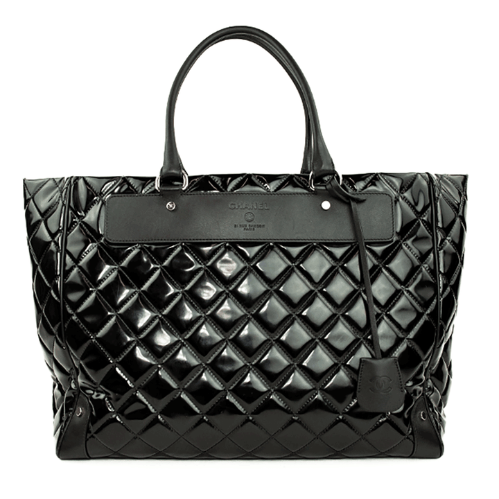 Front view of Chanel Black Quilted Patent Leather Limited Edition Travel Tote