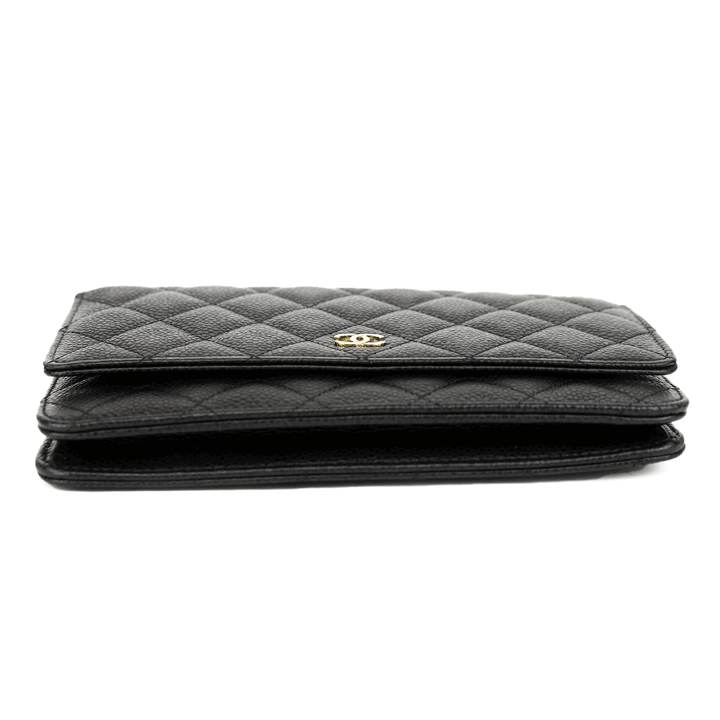 base view of Chanel Black Quilted Caviar Leather Wallet on Chain