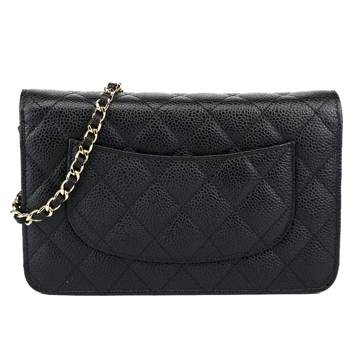 back view of Chanel Black Quilted Caviar Leather Wallet on Chain
