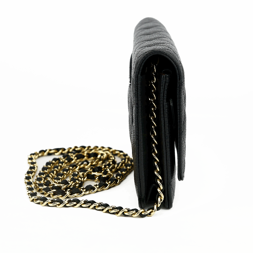 side view of Chanel Black Quilted Caviar Leather Wallet on Chain