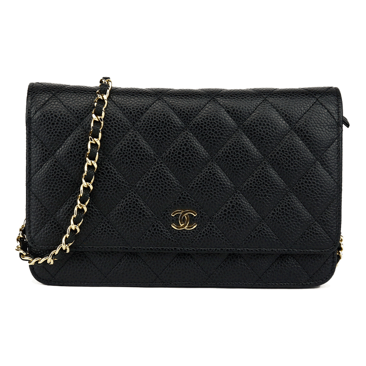 front view of Chanel Black Quilted Caviar Leather Wallet on Chain