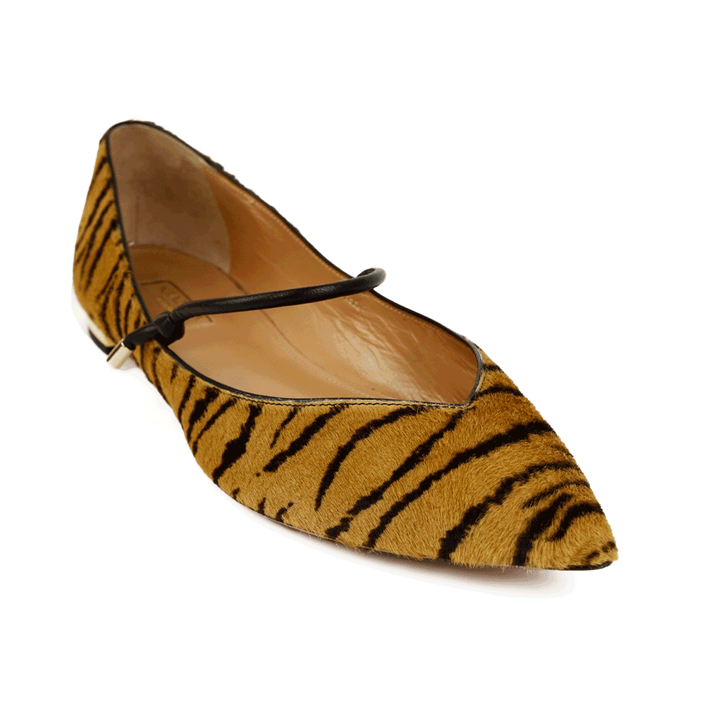 side view of Aquazzura Calf Hair Tiger Print Pointed Toe Flats