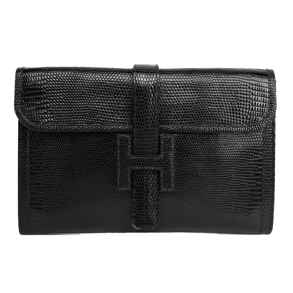 front view of Hermès Vintage Black Lizard Leather Jige 29 Clutch Bag