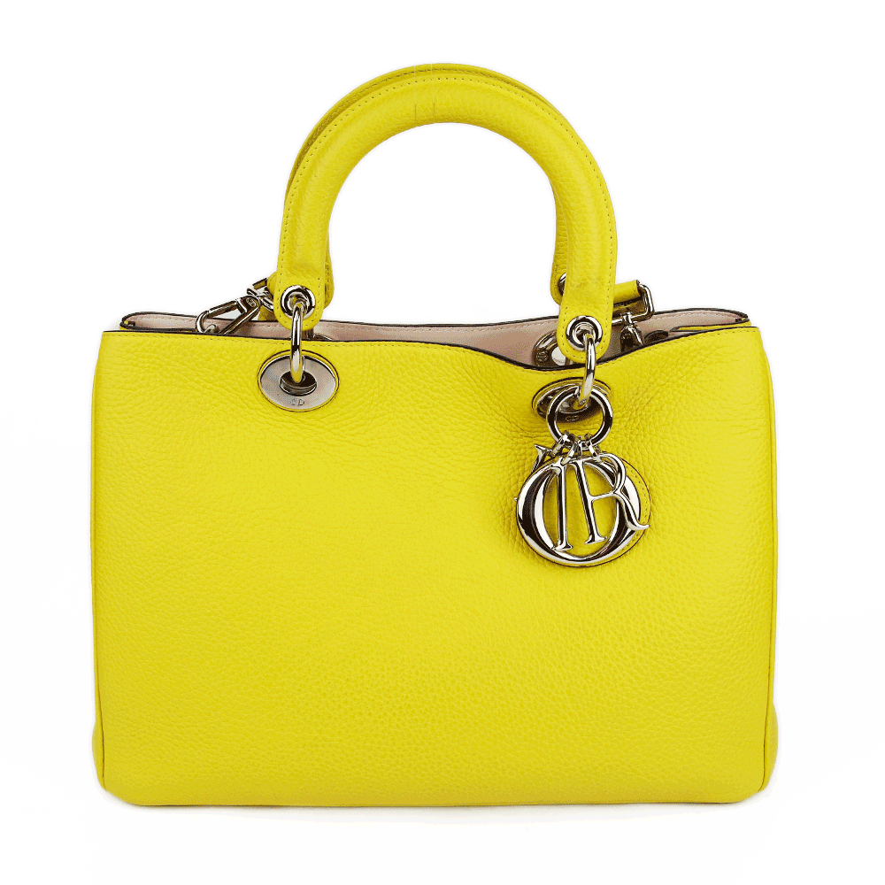 front view of Dior Yellow Pebbled Leather Diorissimo Tote Bag
