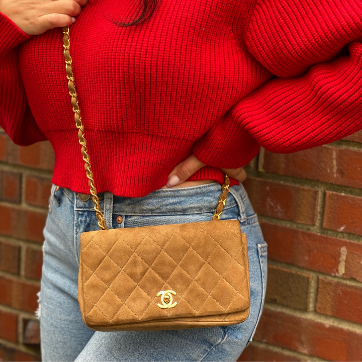 Chanel Vintage Tan Suede Mini Flap Crossbody Bag