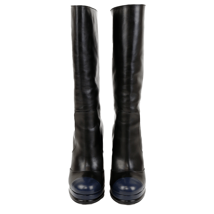 front view of Chanel Black & Navy Leather 2013 Cap Toe Boots