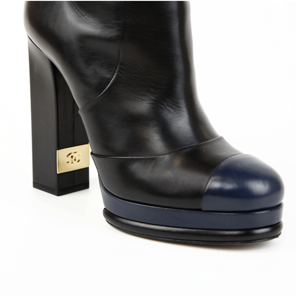 Chanel Black & Navy Leather 2013 Cap Toe Boots