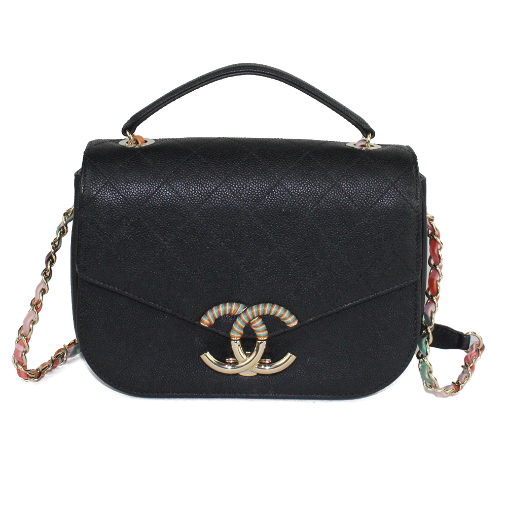 Front View of Chanel 2017 Cruise Collection Coco Cuba CC Black Leather Flap Bag