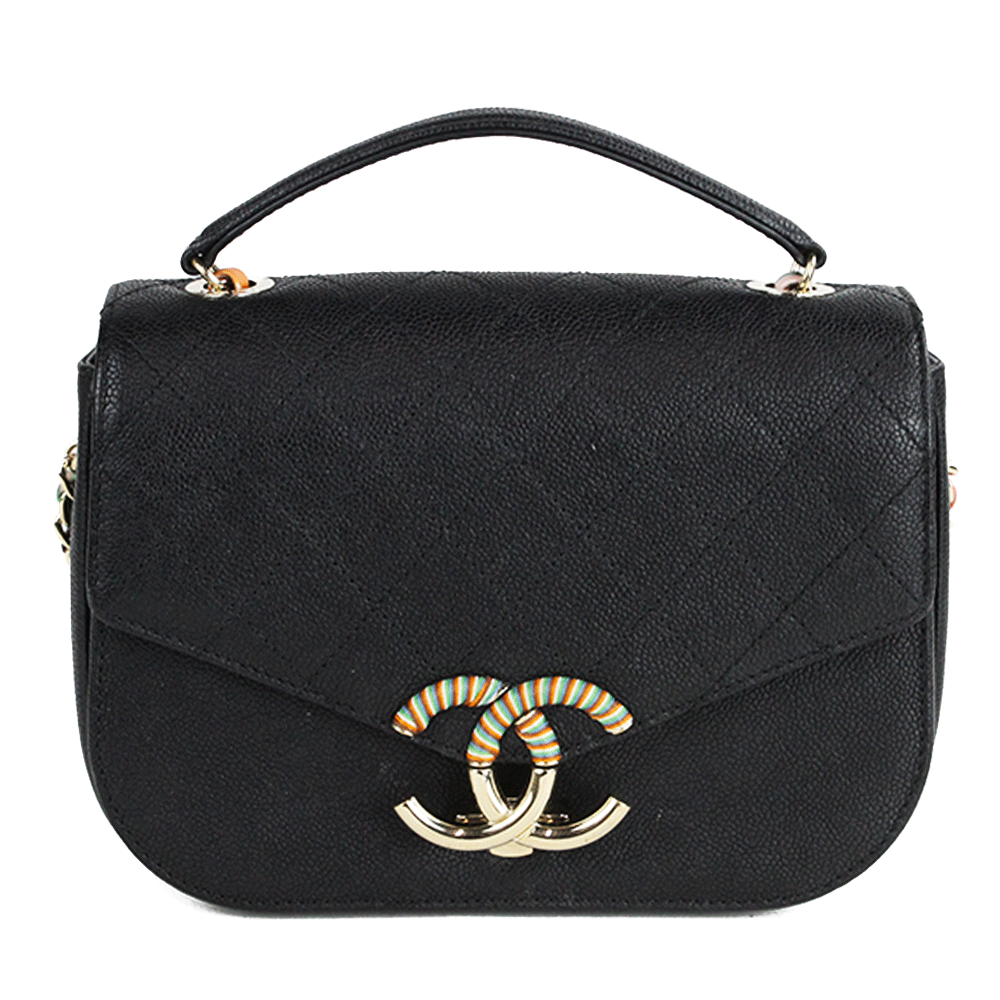 Front View of Chanel 2017 Cruise Collection Coco Cuba CC Black Leather Flap Bag