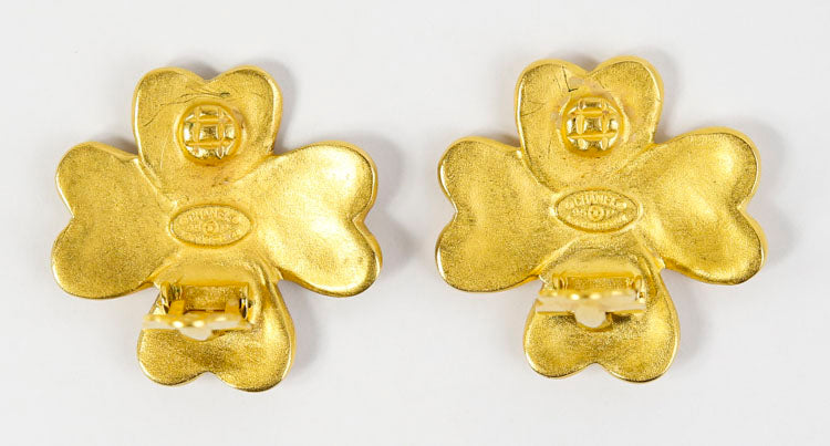 Chanel Gold Tone Vintage Clover CC Clip-On Earrings