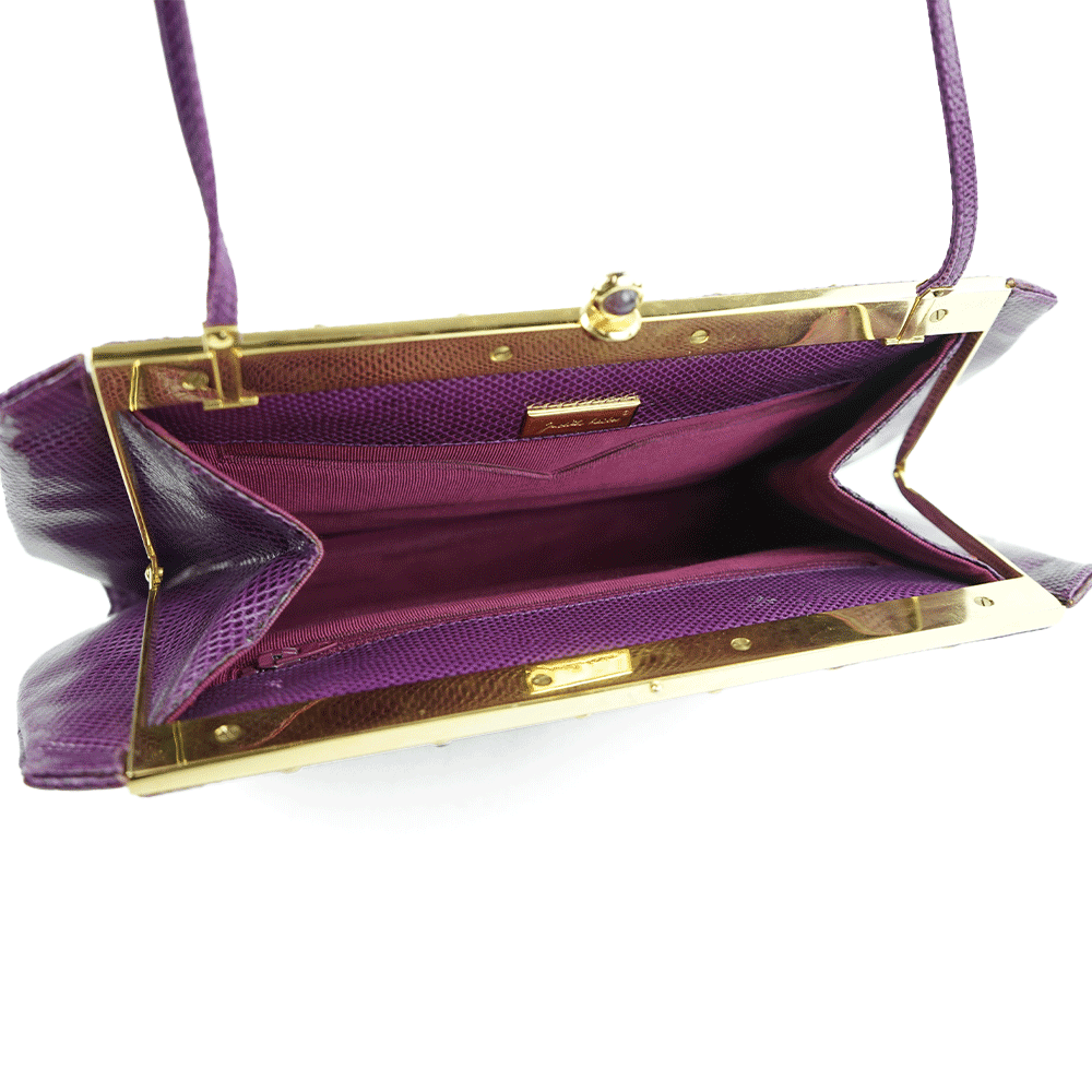 Interior View of Judith Leiber Vintage Purple Karung Crossbody Bag