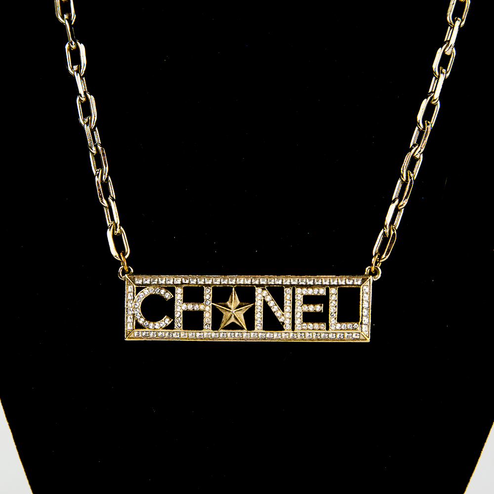 Chanel Gold & Crystal Nameplate Necklace