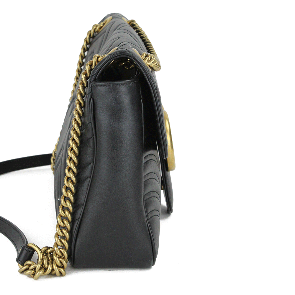 Side View of Gucci Black Leather GG Marmont Medium Matelassé Shoulder Bag