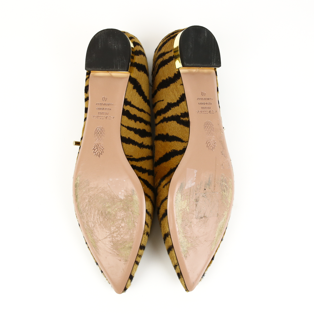 sole view of Aquazzura Calf Hair Tiger Print Pointed Toe Flats