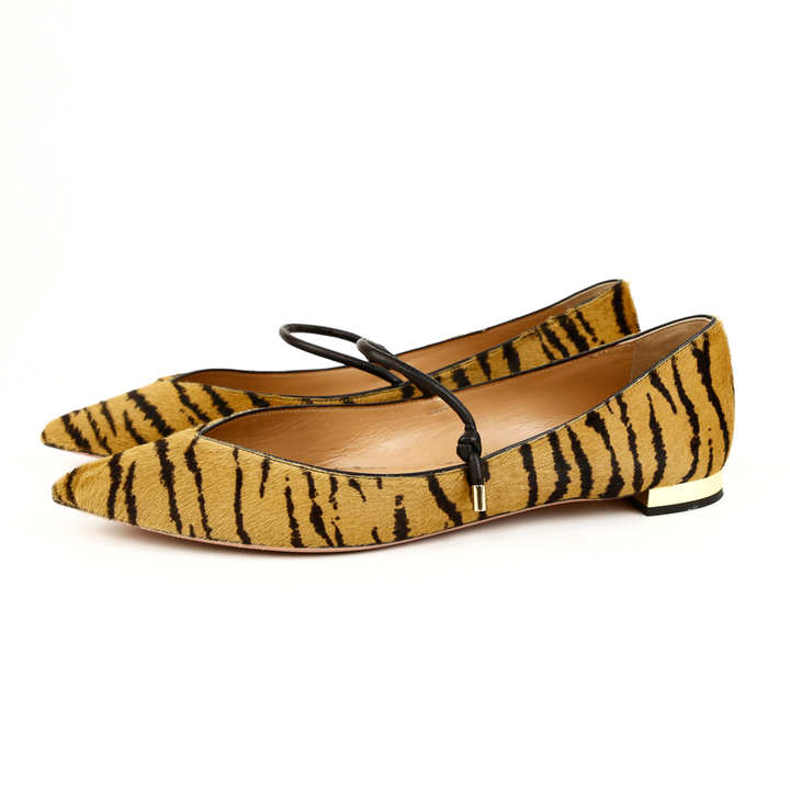 side view of Aquazzura Calf Hair Tiger Print Pointed Toe Flats