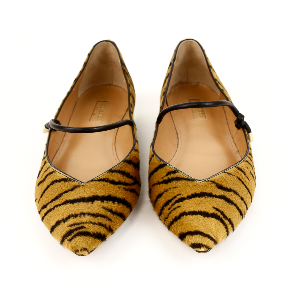 front view of Aquazzura Calf Hair Tiger Print Pointed Toe Flats