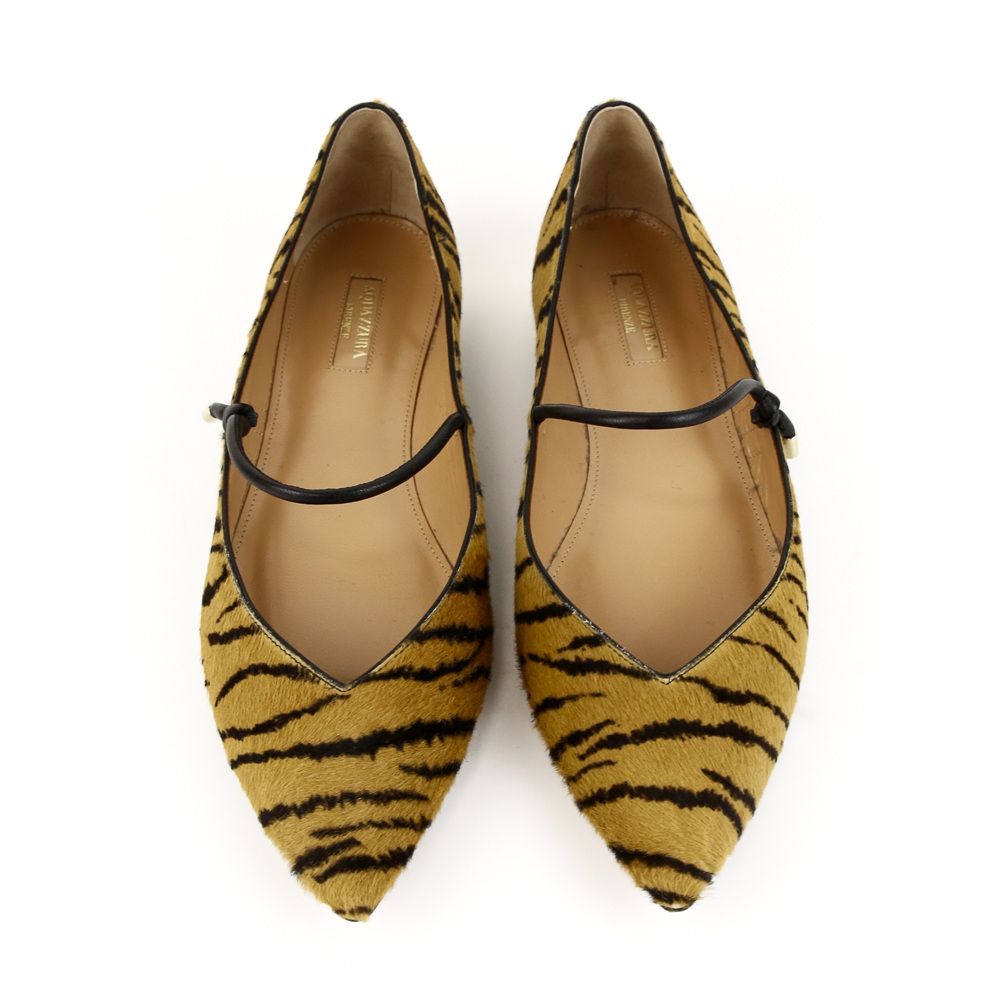 top view of Aquazzura Calf Hair Tiger Print Pointed Toe Flats