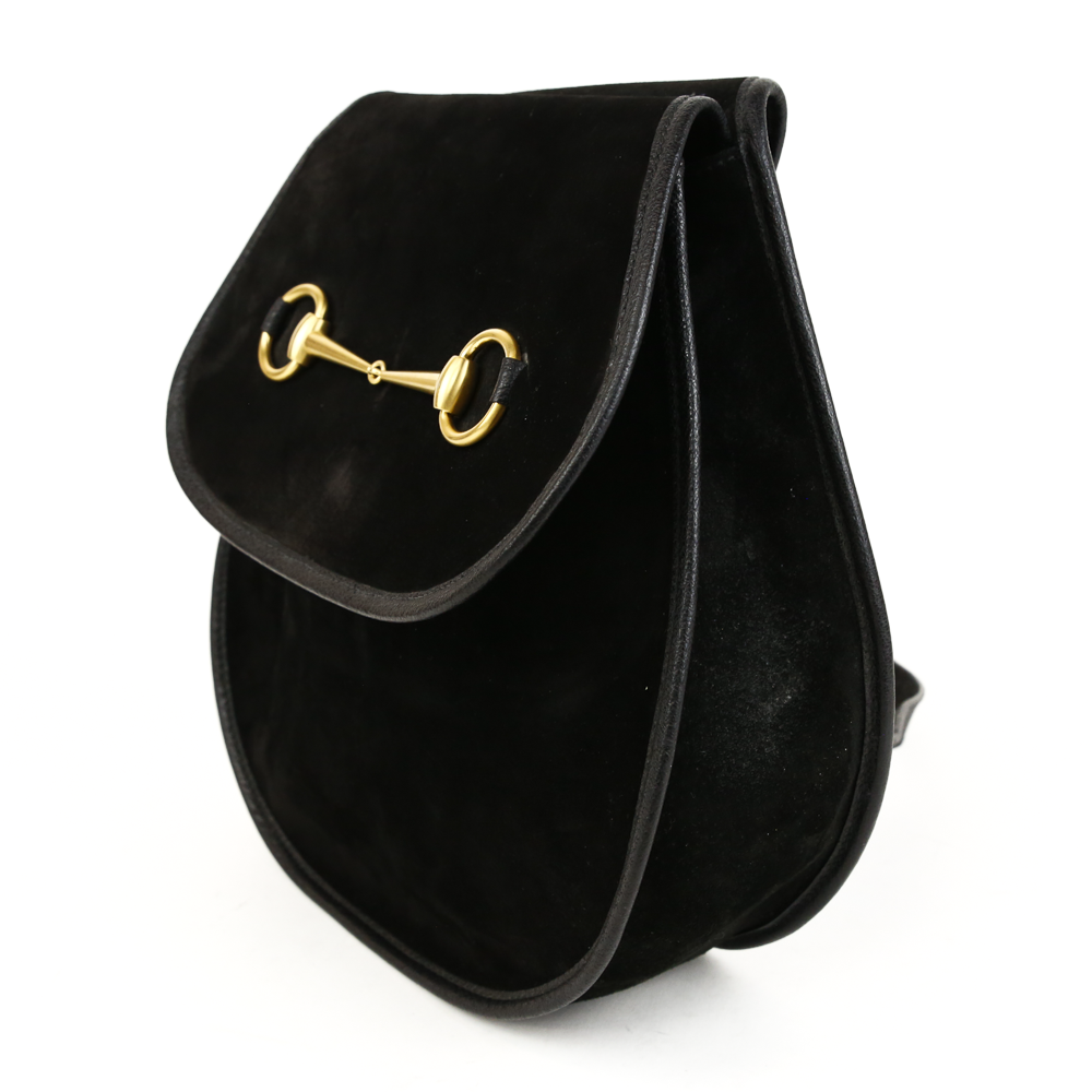 side view of Gucci Black Suede Vintage Horsebit Sling Bag