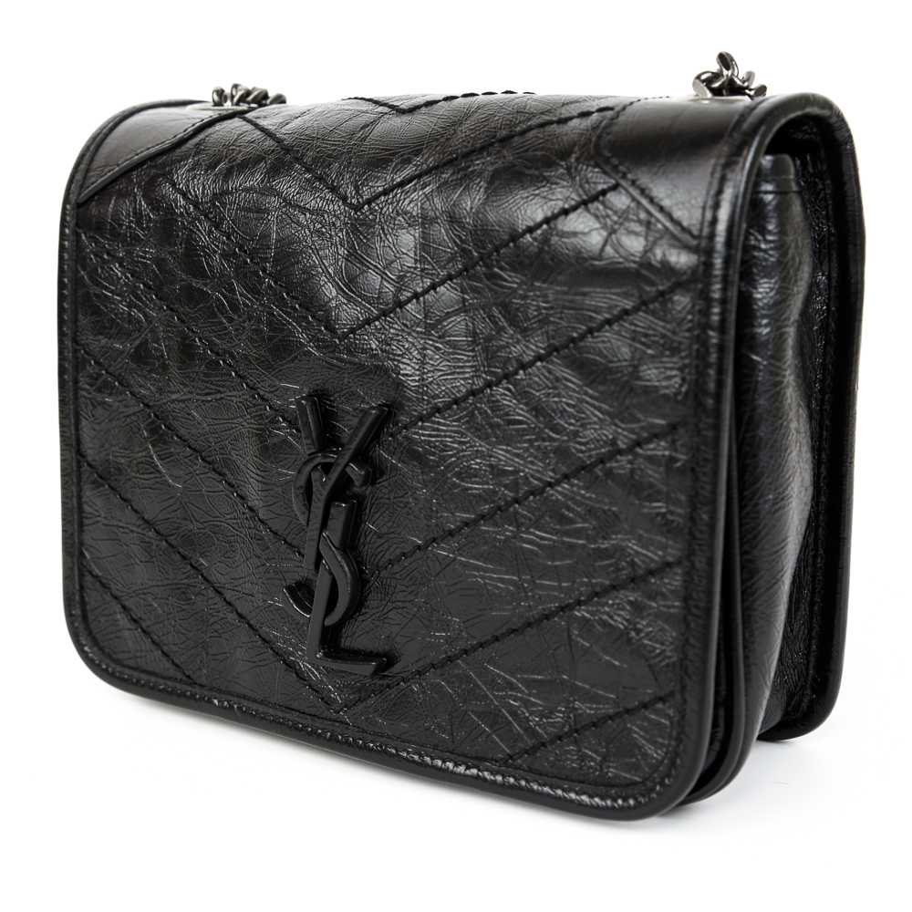 side view of Saint Laurent Black Crinkled Calfskin Mini Nikki Bag