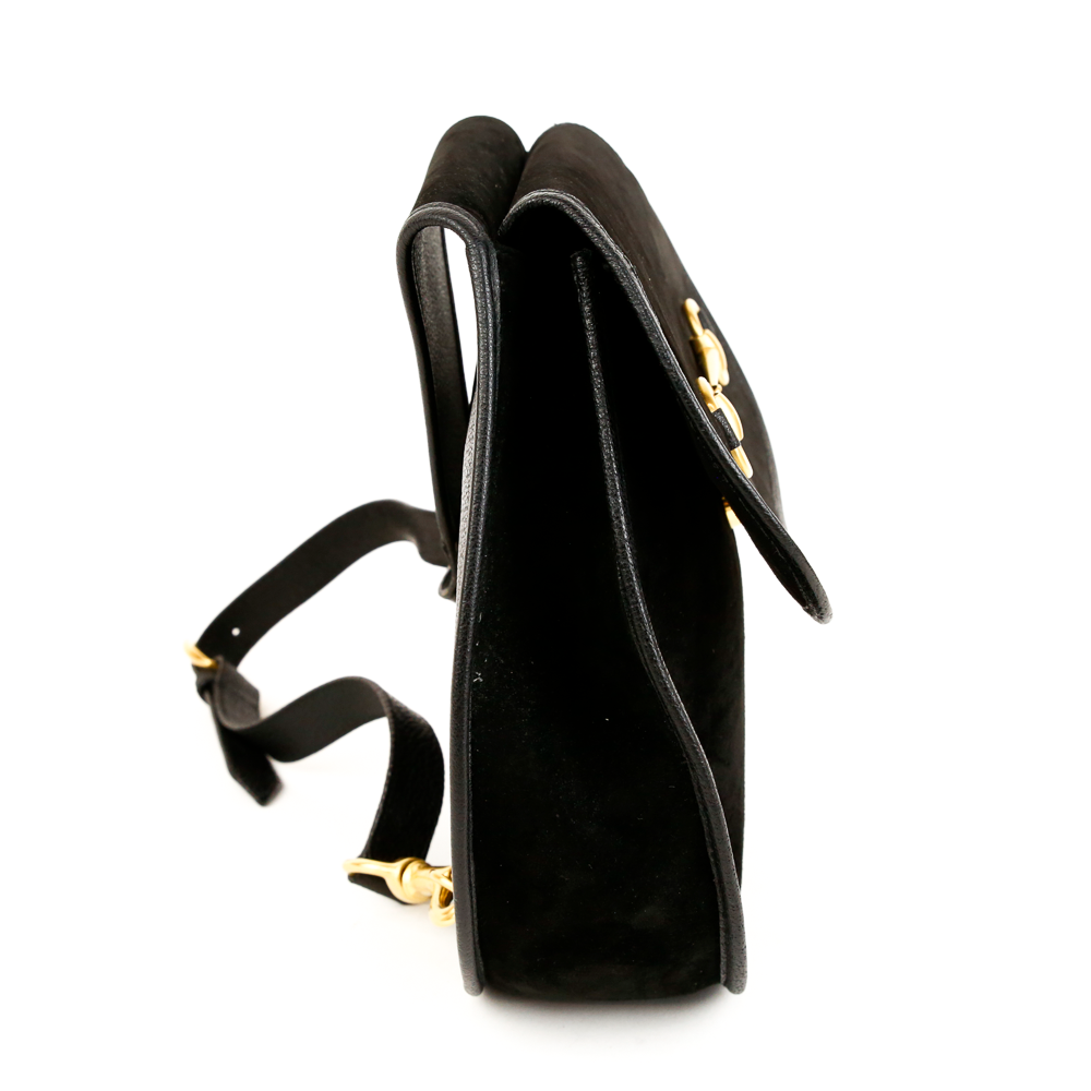 side view of Gucci Black Suede Vintage Horsebit Sling Bag