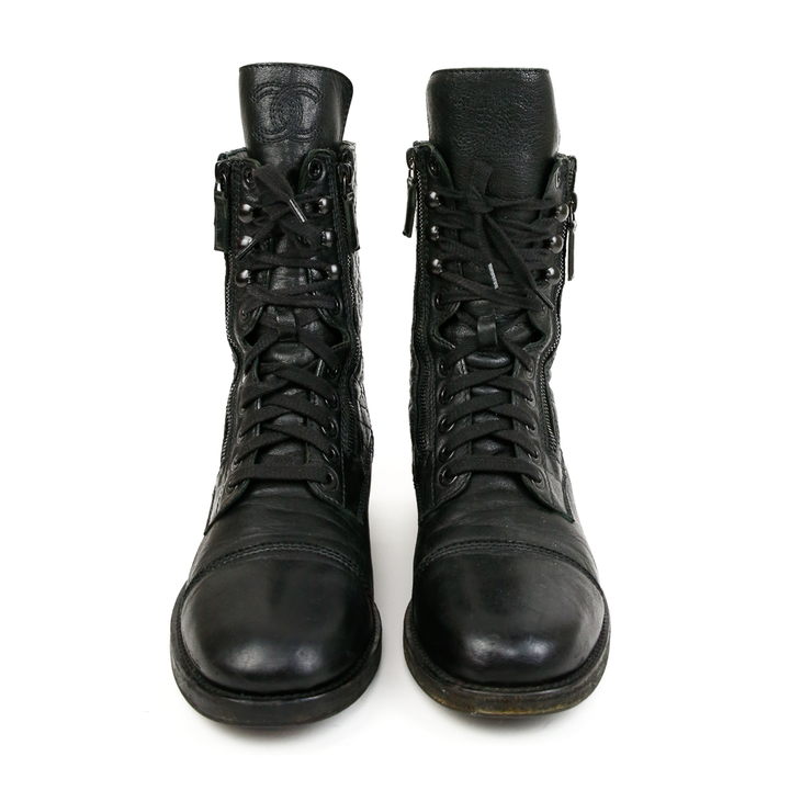 Chanel Black Leather Combat Boots