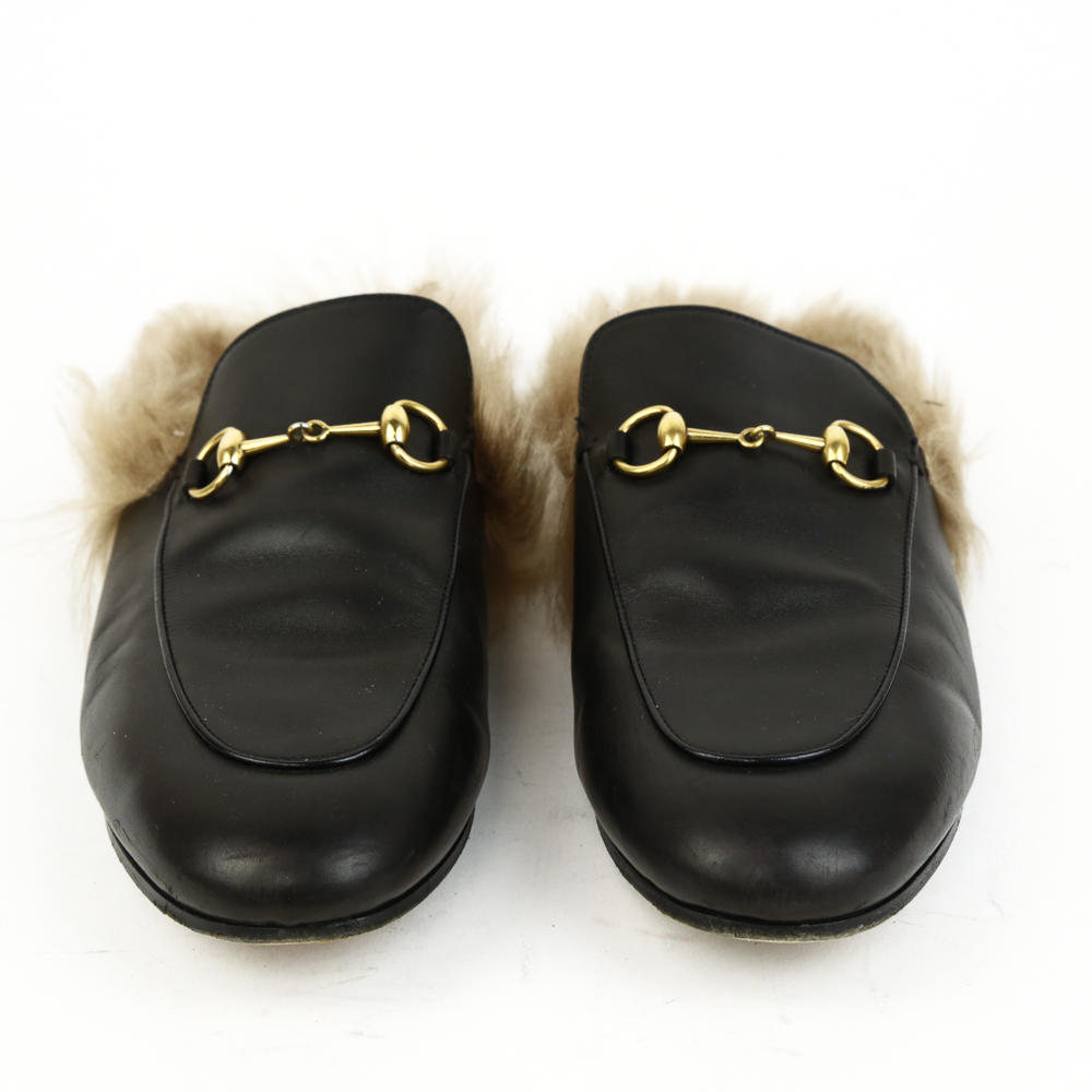 front view of Gucci Princetown Black Leather Horsebit Fur Loafer Mules
