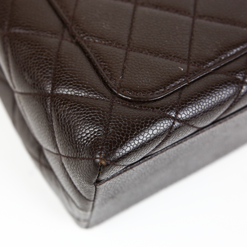 CHANEL Classic Medium Double Flap Caviar Leather Shoulder Bag Chocolat