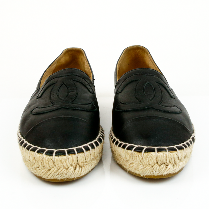 front view of Chanel Black Leather Interlocking CC Espadrille Flats