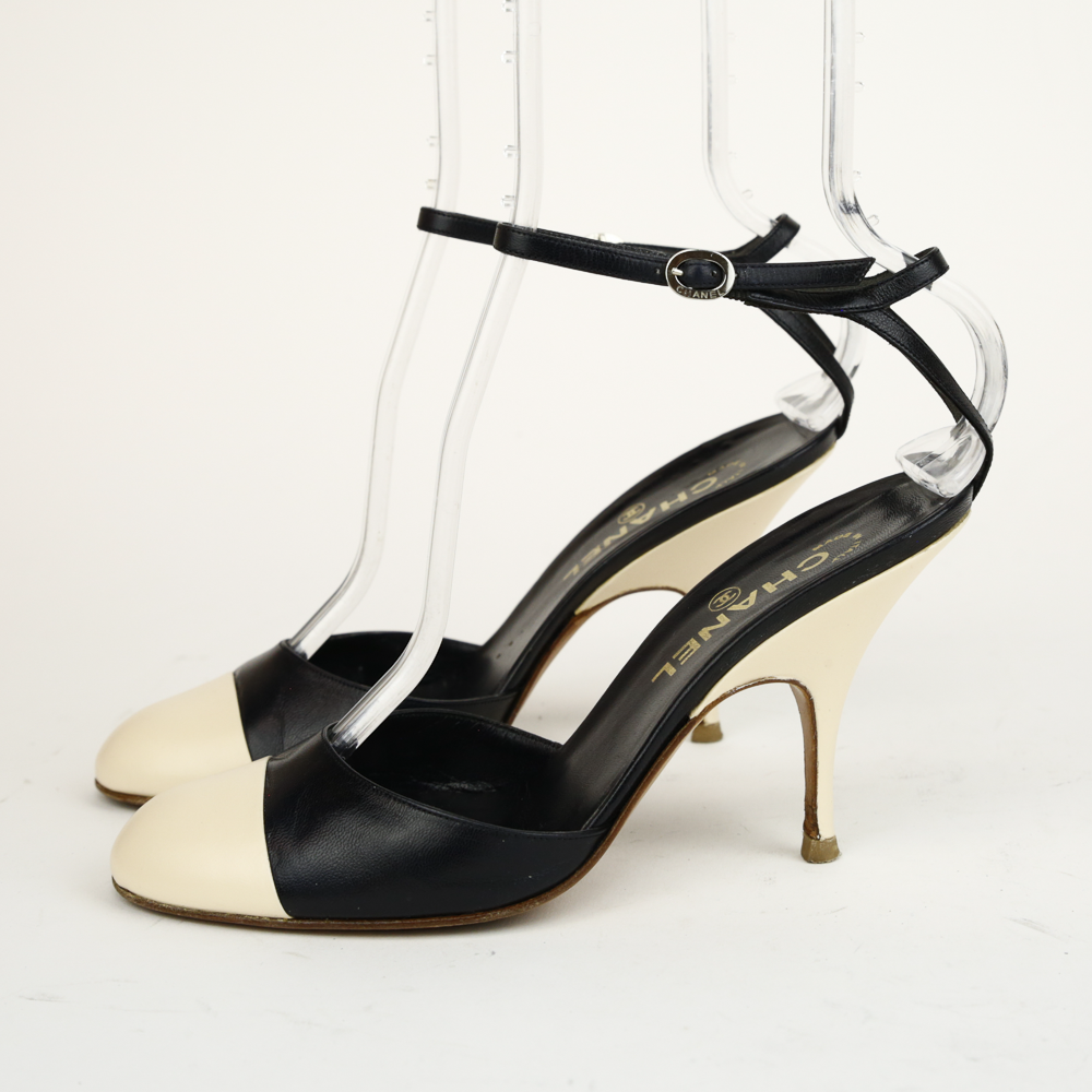 Chanel Black & Cream Leather Ankle Strap Cap Toe Pumps