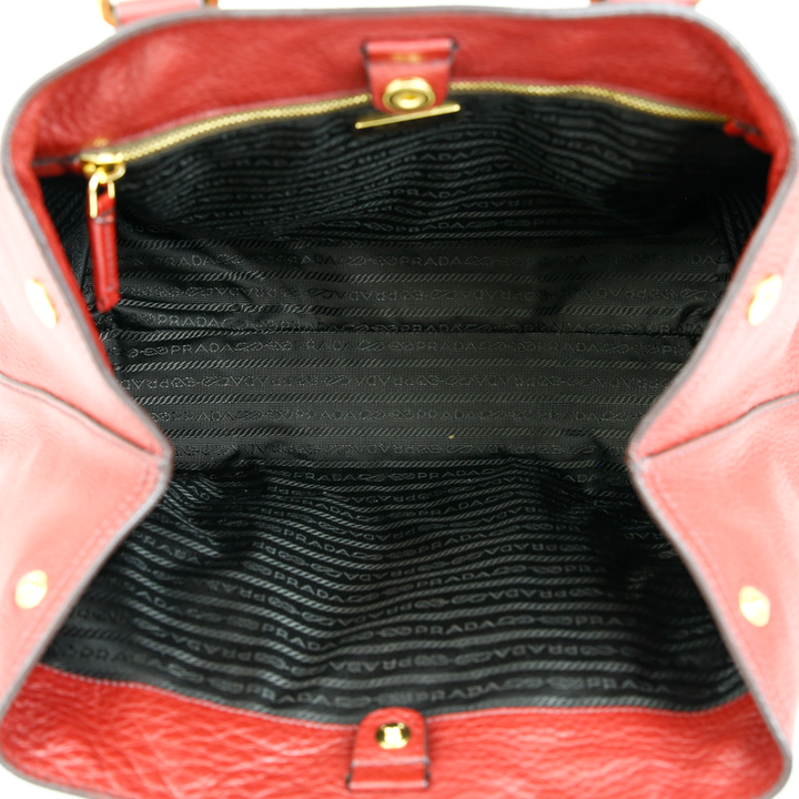 Interior view of Prada Red Pebbled Leather Tote Bag