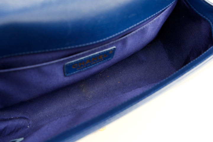 interior view of Chanel Blue Medium Boy Bag