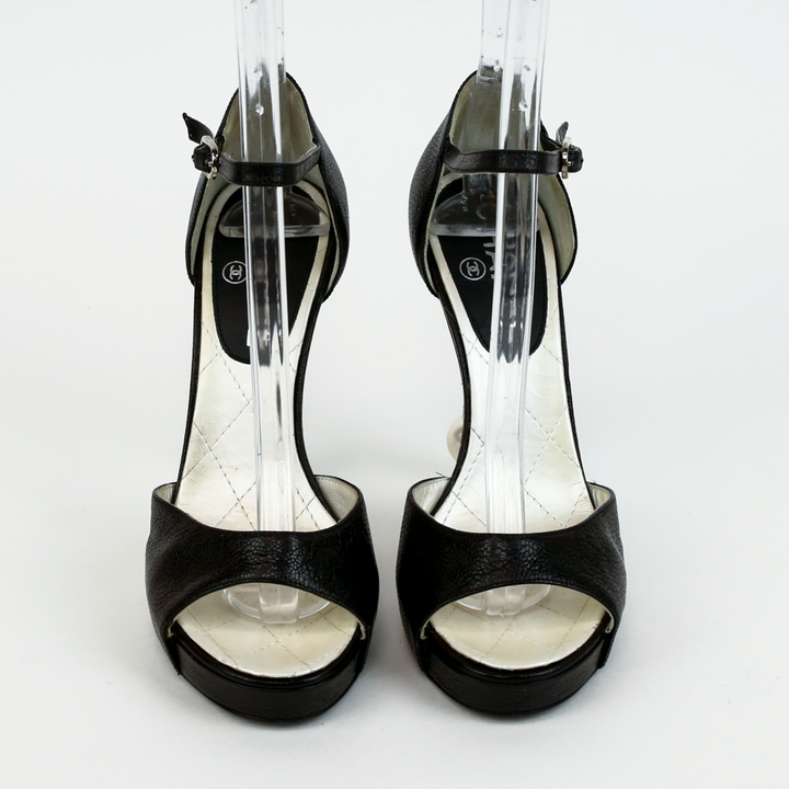 front view of Chanel Black Calfskin Leather Pearl Heel Sandals