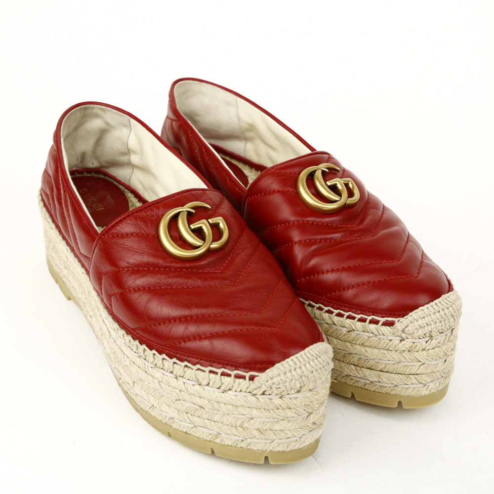side view of Gucci Red Leather GG Marmont Platform Espadrilles
