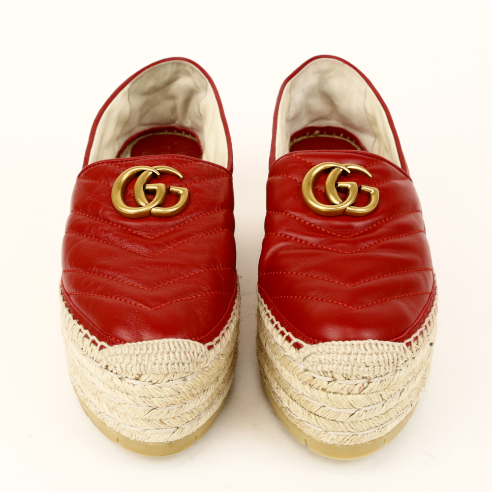 front view of Gucci Red Leather GG Marmont Platform Espadrilles