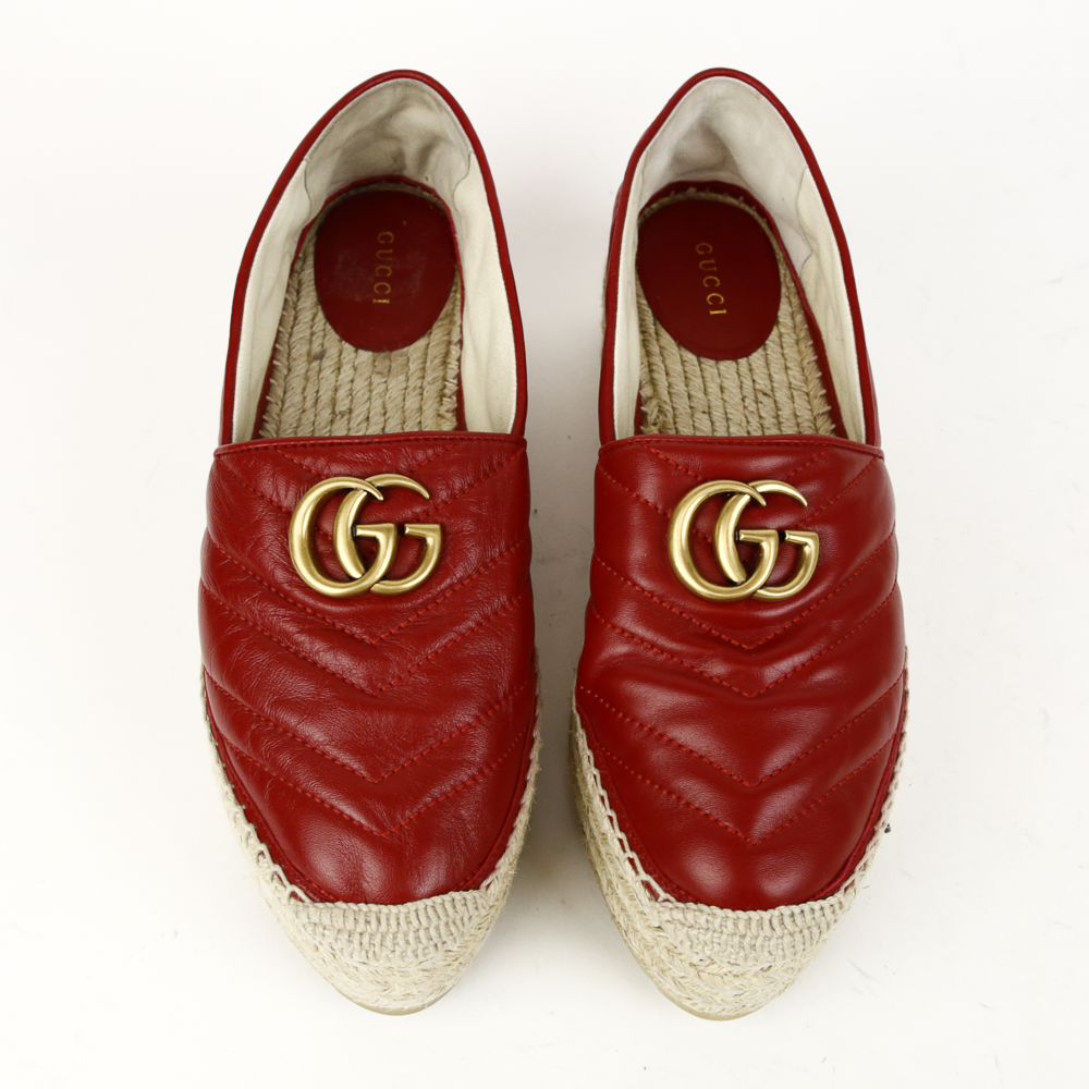 front view of Gucci Red Leather GG Marmont Platform Espadrilles