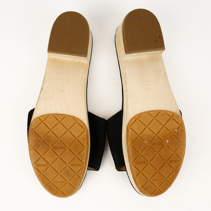sole view of Chanel Black Canvas CC Logo Wooden Slide Sandals