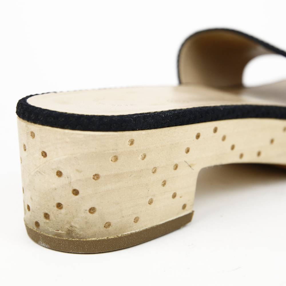 heel view of Chanel Black Canvas CC Logo Wooden Slide Sandals