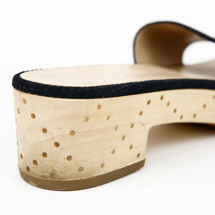 heel view of Chanel Black Canvas CC Logo Wooden Slide Sandals